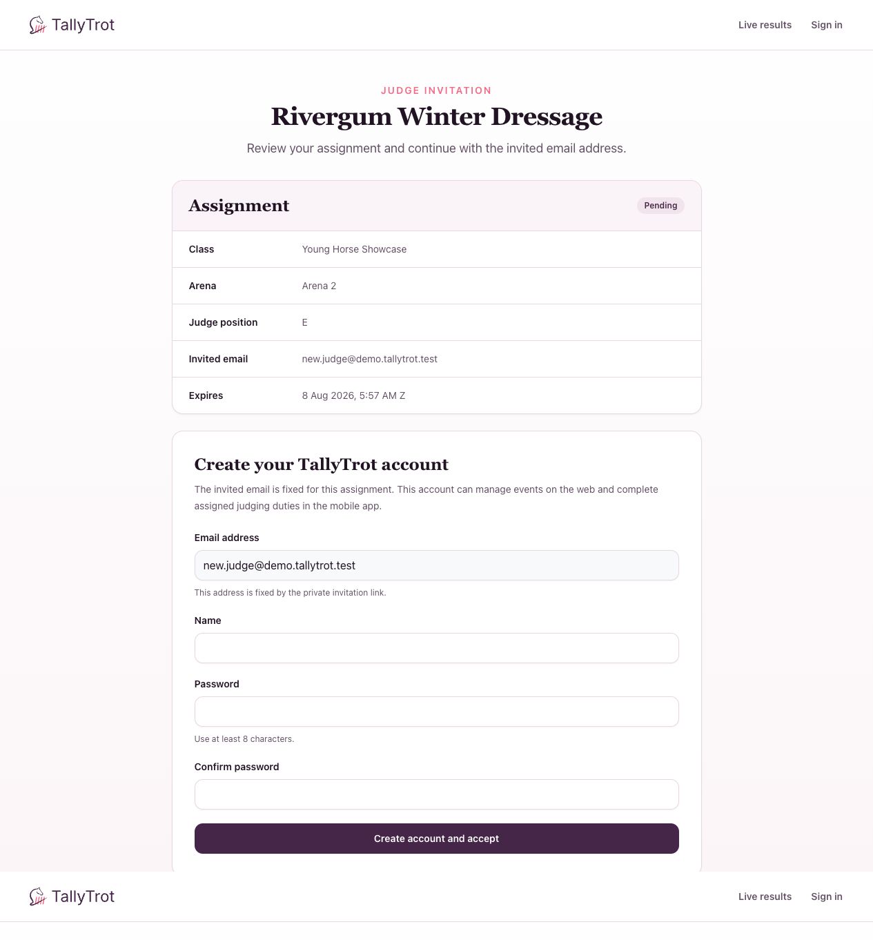 A pending invitation for position E in the fictional Rivergum Winter Dressage event.