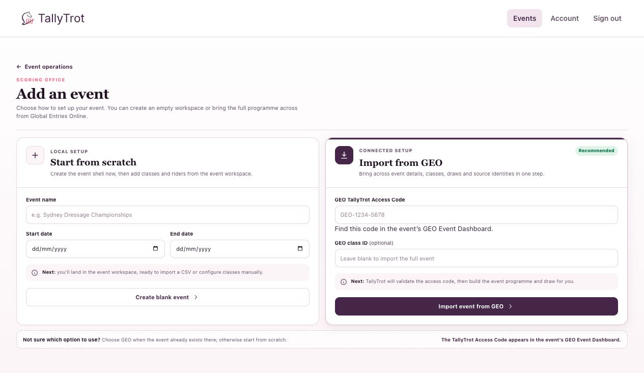 The Add an event page showing Start from scratch and Import from GEO.