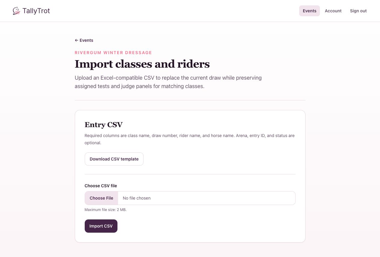 The Rivergum Winter Dressage CSV import page with template and file controls.