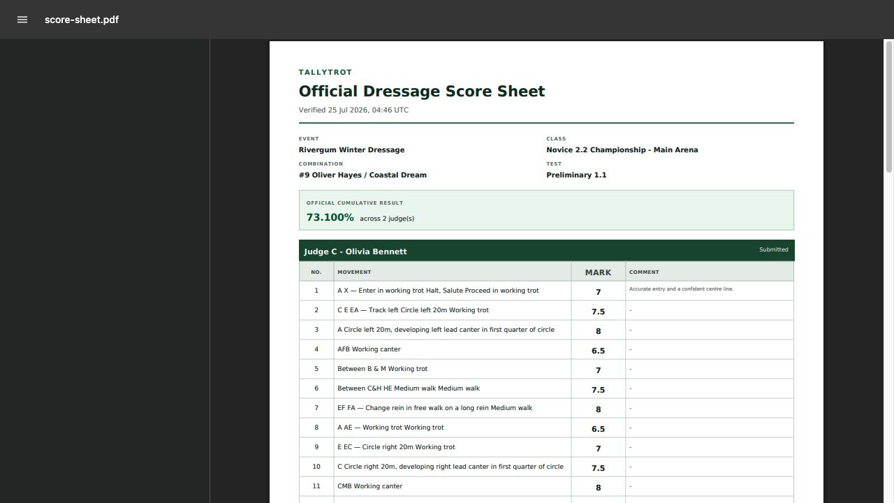 The generated official dressage score sheet for fictional ride 9.